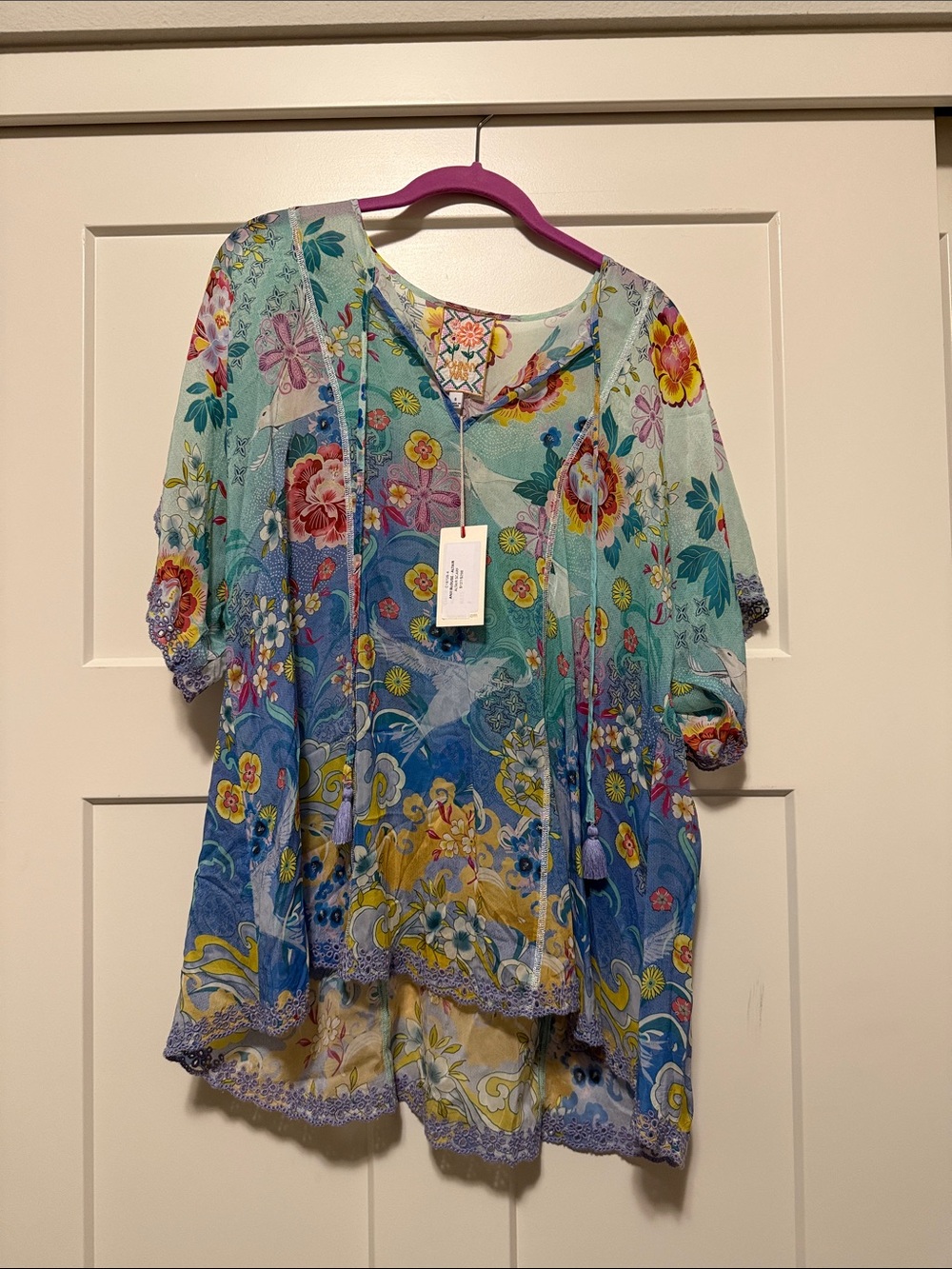 ✨ Johnny Was ✨ Multi Floral Sheer V-Neck Tunic with Eyelet & Tassel Tie details
